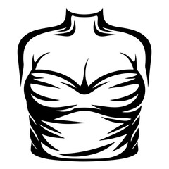 Stylized female torso illustration with bold black and white graphic elements