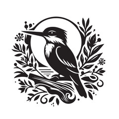 Stylish Black and White Kingfisher Bird Illustration with Floral Frame