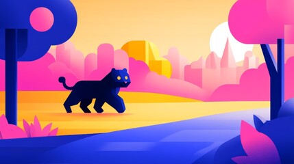 Fototapeta premium Pixelated panther strides through gradient landscape amidst blocky trees and abstracted cityscape evoking tranquil futuristic wildlife exploration