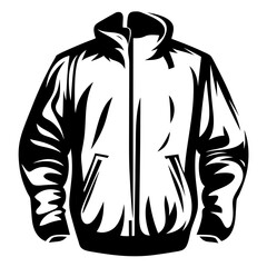 Striking black and white illustration of a hooded winter jacket with pockets