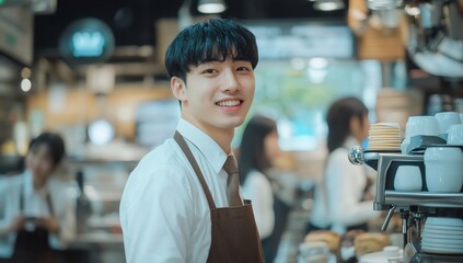 Young barista smiles warmly