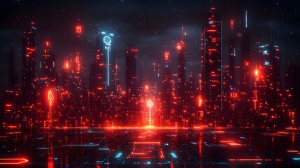 Obraz premium Neon-lit futuristic cityscape awash in vibrant, digital light.