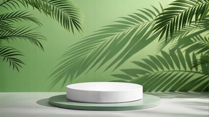 White podium with tropical palm leaf shadows on a green background. (Podium)