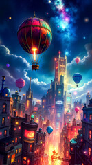Obraz premium A city with hot air balloons flying over it at night