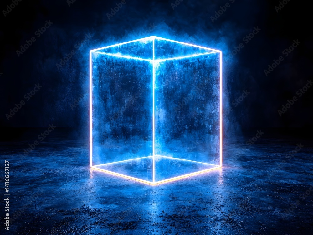 Canvas Prints minimalist neon blue cube floating in dark space