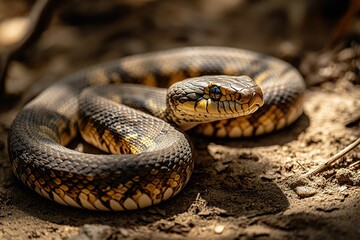 Fototapeta premium A slithering snake curling its body on the ground, its scales shining under the light