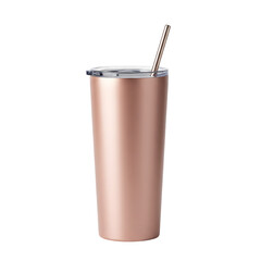 Elegant rose gold tumbler with straw on white background for design and lifestyle