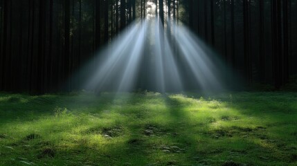 Obraz premium Sunlight streams through a dark forest. Rays of light illuminate a grassy clearing