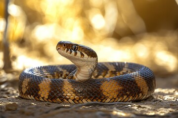 Fototapeta premium A slithering snake curling its body on the ground, its scales shining under the light