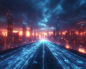 Futuristic city highway with glowing digital data streams.