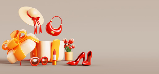 3d open gift box with women accessories and cosmetic. Fashion shop banner with red shoes, bag, hat, sunglasses, lipstick and flowers render background. Holiday sale promotion design. 3D illustration