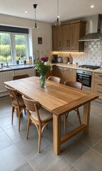 Obraz premium Beautiful natural wooden table with kitchen background. (Podium)