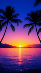 Tropical sunset silhouettes palm trees on a Hawaiian beach as the orange sun dips below the sea