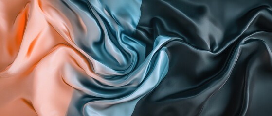 Obraz premium Silk fabric texture in shades of peach and blue, luxury clothing material, smooth textile background for fashion design and upholstery projects.