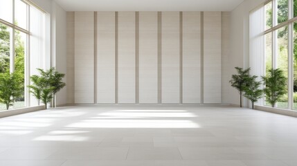 Fototapeta premium Spacious, light-filled modern room with large windows and neutral tones