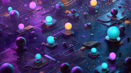 An abstract digital illustration of a quantum computer entangled particles, glowing spheres and matrix grids, energy waves flowing through circuits, vibrant neon colors,
