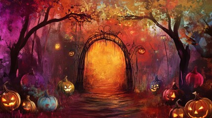 Obraz premium A mystical Halloween archway, illuminated by jack-o'-lanterns, in a vibrant autumnal forest.