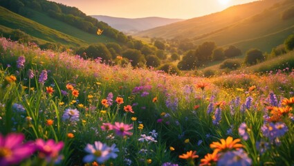 Obraz premium Wildflower Meadow in Mountain Valley with Sunset Glow and Butterfly