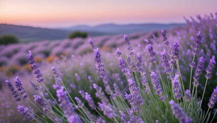 Obraz premium Lavender Field Blooming at Sunset Landscape with Mountain Scenery