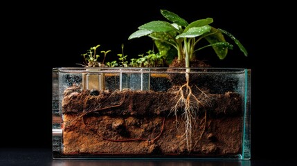 Studio setup of soil layers in glass container with plant root, sensors, and water drops, side-lit with dark background
