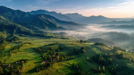 Obraz premium Aerial view of terraced farmland in mountain valley during early sunrise with blue-green mist and gentle light, peaceful and natural atmosphere