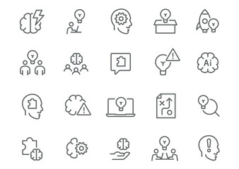 Vector Editable Icon Set in Linear Style on Innovation and Creative Thinking. Includes icons for ideas, brainstorming, group work, innovations, AI, and problem-solving. Ready to use.