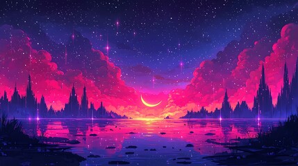 Vibrant, mystical, sunset landscape reflecting a crescent moon.