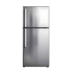 Tall stainless steel refrigerator with two vertical compartments smooth reflective finish modern handles and clean design isolated on a transparent background