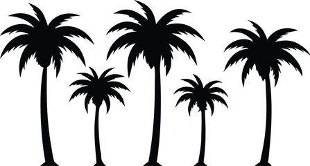 Tropical Palm Trees Silhouettes on White Background, Island Landscape