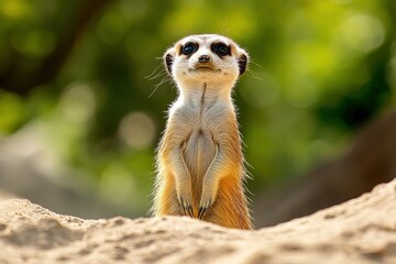 Fototapeta premium A small, curious meerkat standing on its hind legs, its head peeking above the sand.