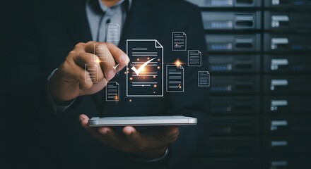 Business compliance of document management. Document or file icons and checkmark. Businessman stored documents on server according to law.