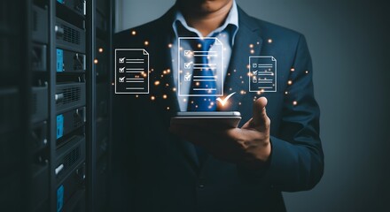 Business compliance of document management. Document or file icons and checkmark. Businessman stored documents on server according to law.