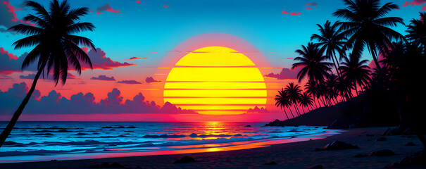 Naklejka premium Tropical beach sunset with palm trees, Colorful ocean horizon