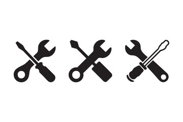 Wrench and Screwdriver Silhouette Icons – Repair Tool Set.