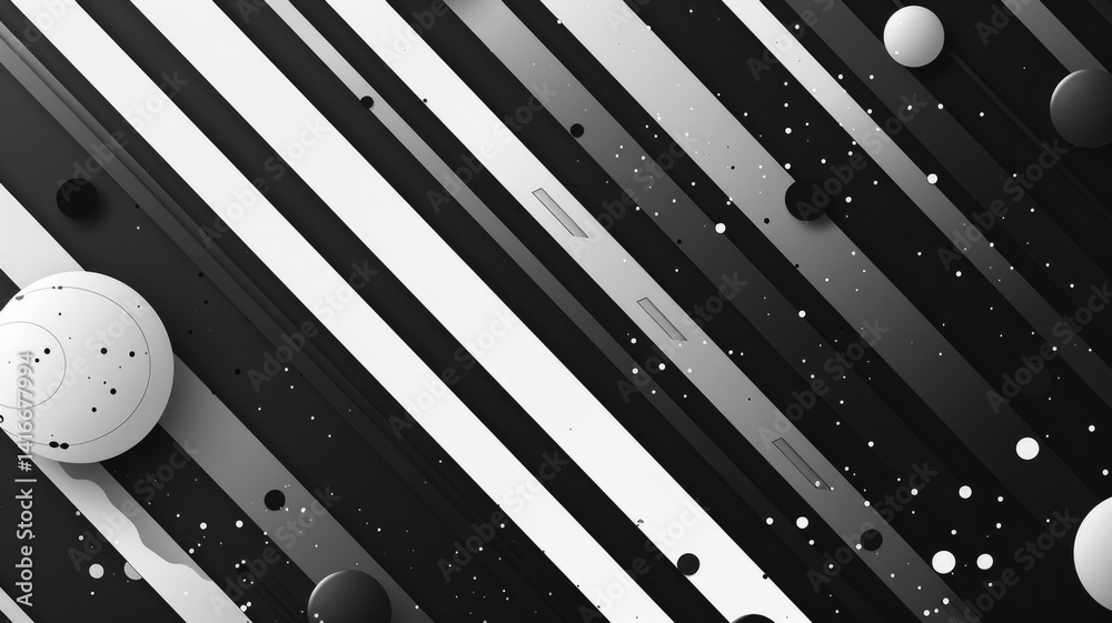Poster this minimalist abstract background features dynamic black and white stripes and circles, creating a