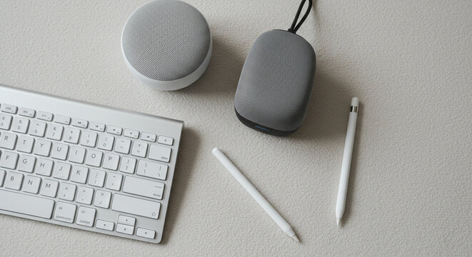 Minimalist Workspace Setup: Grey and White Tech Accessories