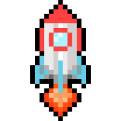 Pixel cartoon launching rocket icon.