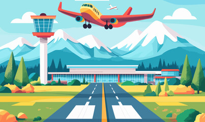 Colorful Airplane Over Scenic Airport Runway with Control Tower and Mountains
