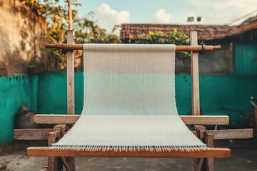Fototapeta premium Handwoven fabric displayed on a loom in a traditional outdoor workshop during daylight hours
