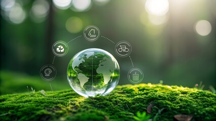 Crystal globe on moss representing environmental sustainability and green technology concepts