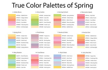 Colour Swatches Combinations 12x6 True Colors of Spring - 3d Light Soft, Muted, Pastel Tones - with HEX Codes and Names, Color Palette, Scheme, Chart