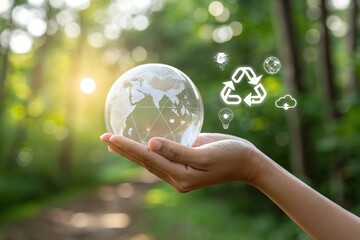 Hand holding crystal globe with environmental icons against a natural green background