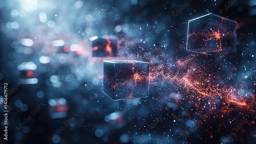 Aufkleber abstract digital floating blocks with black and colorful lights. digital artwork of 3d rendering geo