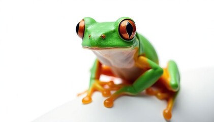 Obraz premium Green tree frog perched on white, vibrant skin, closeup, ecology, exotic