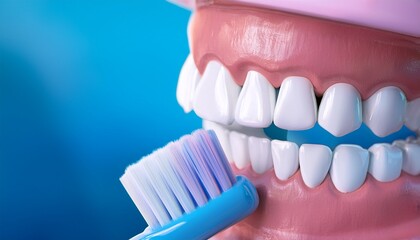 Obraz premium 3D Illustration: Dental Care Demonstration with Toothbrush and Teeth Model.