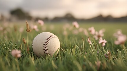 Baseball in Grass Field  Spring Flowers  Close Up