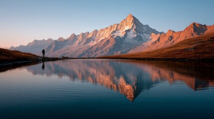 Fototapeta premium Sunrise Hiker Mountain Lake Reflection Alpine Landscape Photography