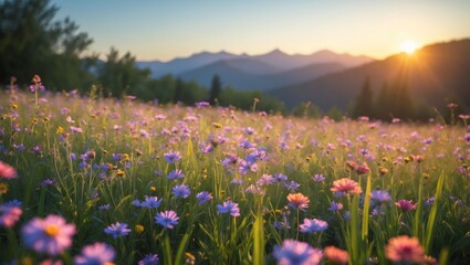 Fototapeta premium Wildflower Meadow at Sunset with Mountain Views Landscape Background