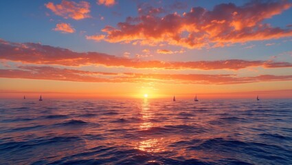 Fototapeta premium Vibrant Sunset over Ocean with Sailboats A Stunning Seascape