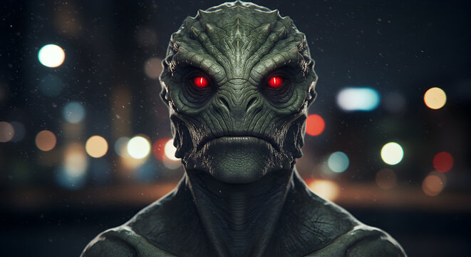 Detailed Reptilian Alien Face with Glowing Red Eyes at Night City Background - Powered by Adobe